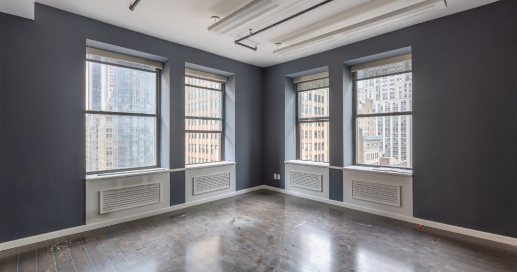 Blue room with wood floors for psychotherapy office in NYC